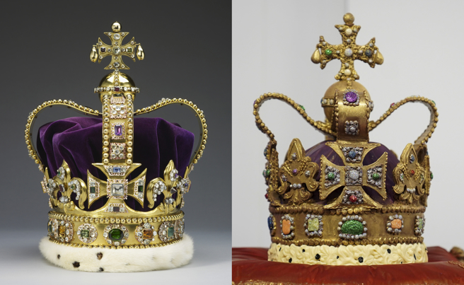 英国巧克力百年老店「吉百利」仿照英王查尔斯三世在加冕典礼配戴的「圣爱德华王冠」（左，美联社资料照），精制一顶巧克力版复制品（右，美联社）。