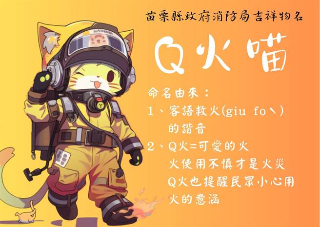 苗栗縣消防局新吉祥物定名為「Q火喵」。（翻攝自苗栗縣消防局臉書／謝明俊苗栗傳真）