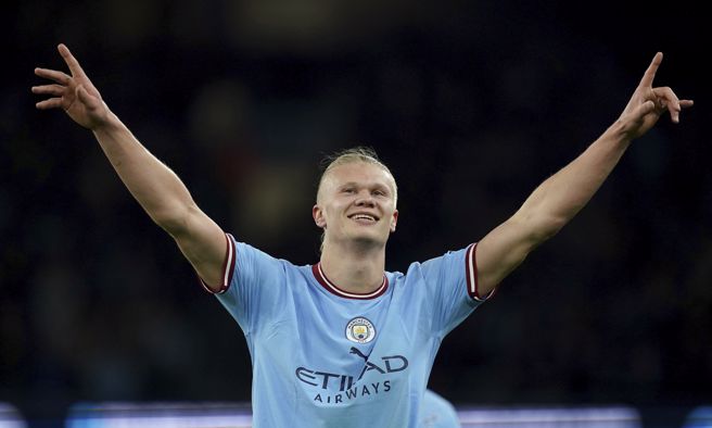 哈兰在英超首个赛季，就打破联赛单季进球纪录。（美联社）