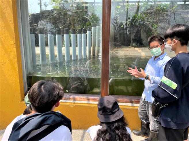 保育员向参赛者介绍侏儒河马习性。(高雄市观光局提供)