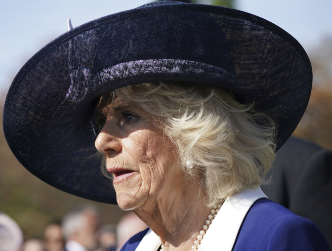 卡蜜拉5月3日在伦敦出席白金汉宫花园派对（Garden Party）的神情。（美联社）