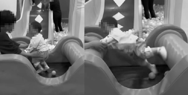 有家长拍下孩子玩乐时的诡异影片，表示自己已经重播了100次，都还搞不懂究竟是怎么回事。（图／翻摄自FB灵异公社）