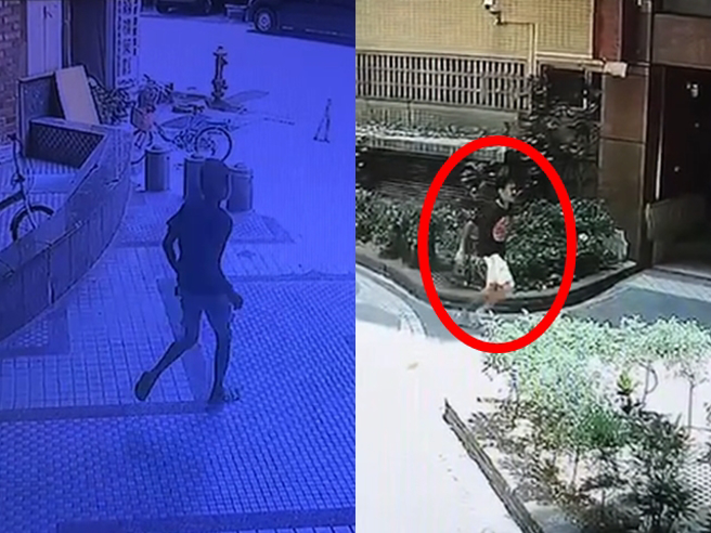 丁男与一名男子一同进入社区大楼，后来该男子独自慌张地跑步离开社区，外头还有接应的另名骑机车友人。（翻摄自记者爆料网）