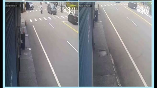 车祸画面曝光，可见1辆轿车行经路口时，因不明原因偏离车道后，未减速直接撞上待转机车。（翻摄照片／王惠慧新竹传真）