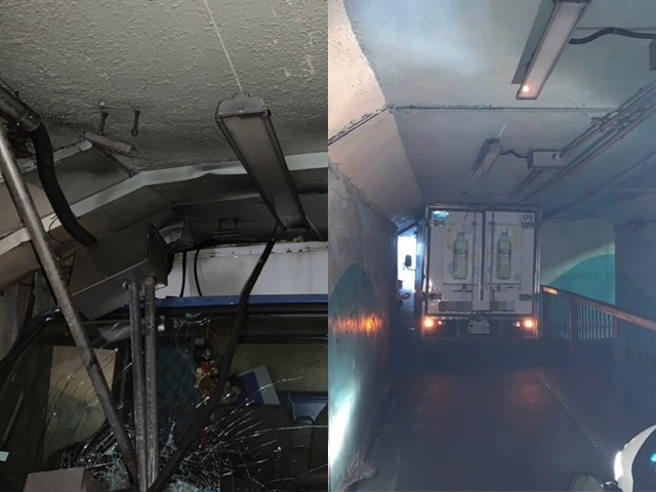 新北市三重区三重力行地下道昨（3）发生一辆小货车误闯进机车道当场「卡死」，整辆车几乎塞满机车道，驾驶事后辩称一时恍神才酿祸。（警方提供）