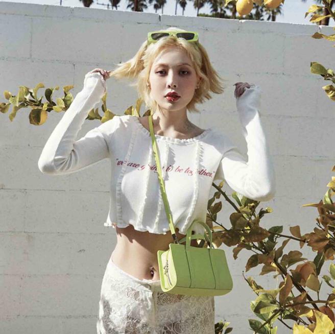 泫雅私服经常配带SAMO ONDOH 的包款，Zip Didi Bag S – nappa neon green，4170元。（摘自SAMO ONDOH 官网）