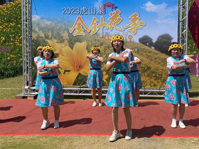 乐龄花仙子热舞为彰化县花坛乡虎山巖金针花季揭开序幕。（孙英哲摄）