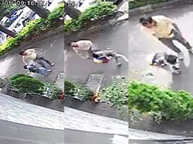 桃園平鎮環南路今（5）早一對父子被目擊父親施暴孩子，男子不但大力擰兒子耳朵，甚至將兒子拉離地面，還出腳踹倒兒子、大力拍擊後腦杓。（翻攝自臉書「爆料公社」）