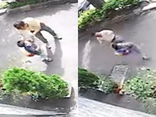 桃園平鎮環南路今（5）早一對父子被目擊父親施暴孩子，男子不但大力擰兒子耳朵，甚至將兒子拉離地面，還出腳踹倒兒子、大力拍擊後腦杓。（翻攝自臉書「爆料公社」）