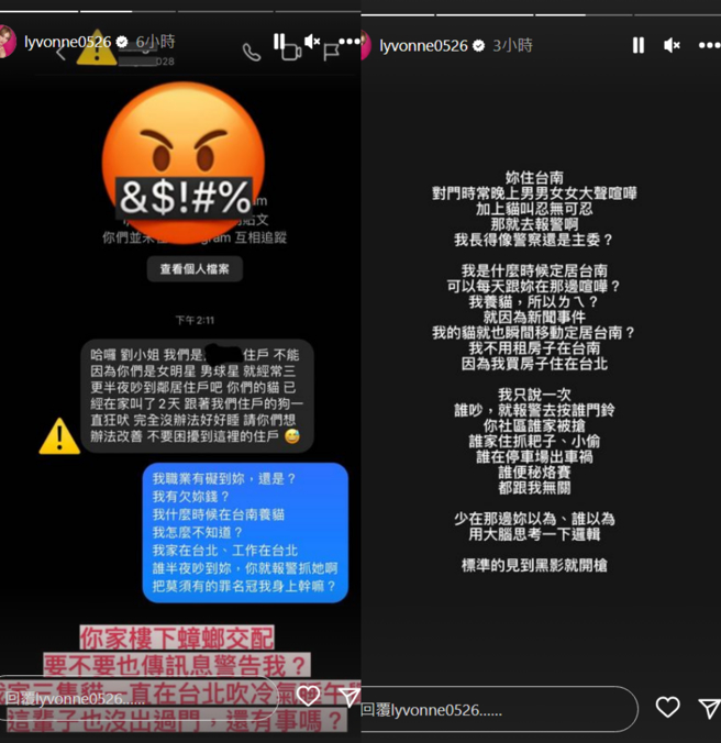 劉雨柔被台南網友傳訊抗議擾鄰。(圖/劉雨柔 IG)