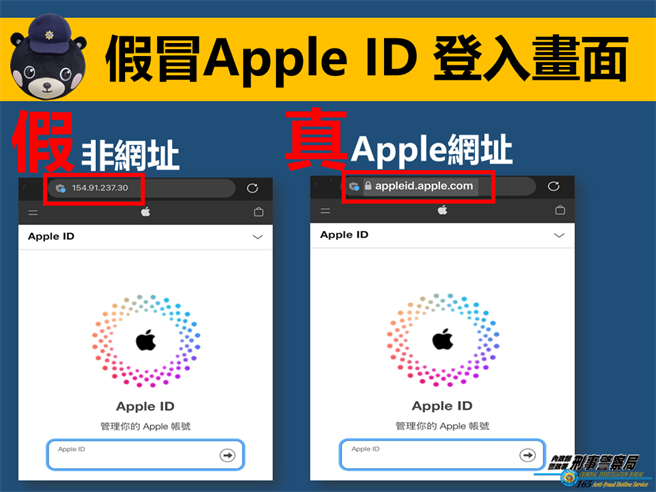 警方提醒Apple ID真假登入畫面。（翻攝照片／林郁平台北傳真）