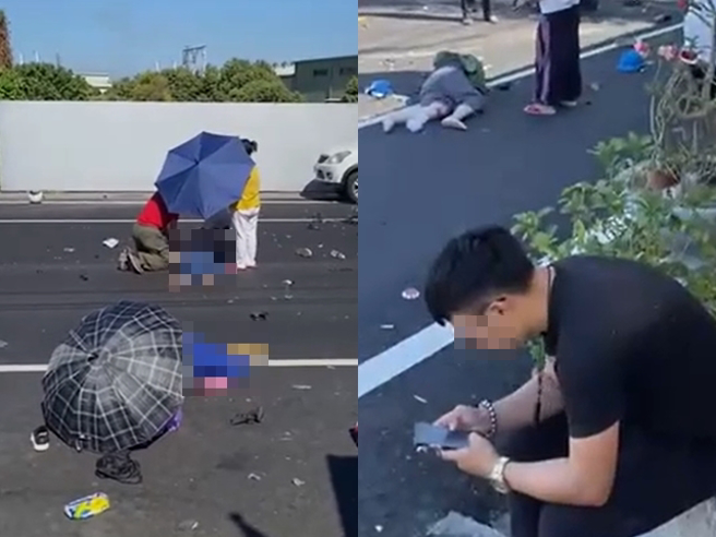 事发现场画面曝光，只见3名女子全倒在地上，2人明显已无意识，路面散落物品，肇事的陈男当下还坐在一旁抽菸滑手机。（翻摄自记者爆料网）