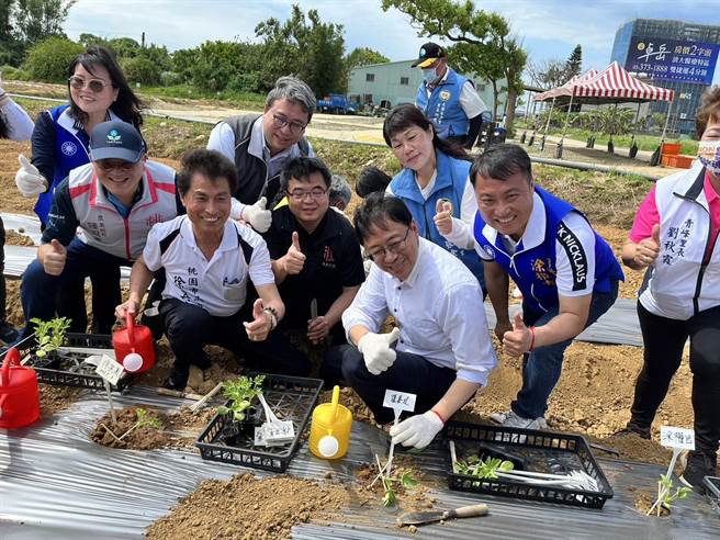 桃园市大园溪海休閒农业区今日办理种西瓜体验活动，桃园市长张善政发挥过去种南瓜的经验，在现场示范如何种植西瓜。（蔡明亘摄）