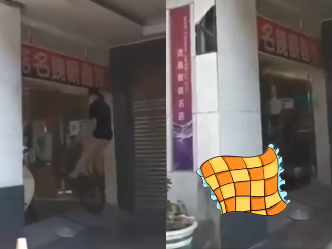 越野自行车玩家日前在台南街头骑车，在一处骑楼准备展现「豚跳」技巧时，将车身大力抬起瞬间，头竟直接往上方招牌撞，整个人向后倒地。（翻摄自脸书「重机车友 ❘ 各区路况天气、资讯分享中心」）