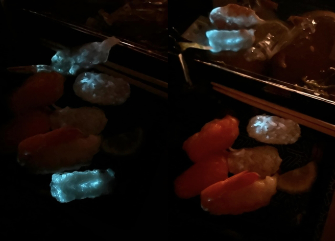 女子在壽司店外帶壽司套餐，竟然發現「蝦壽司發光」，讓她有些擔心之前吃的有沒有問題。（翻攝自臉書爆料公社）