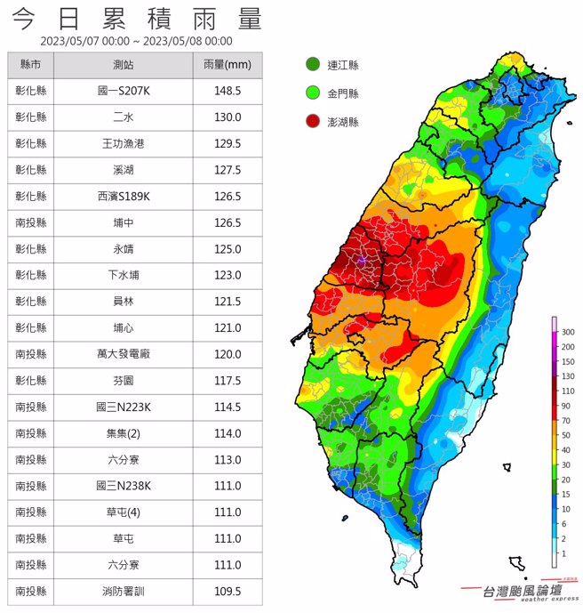 这次累积雨量以彰化、南投地区最多。(翻摄自台湾颱风论坛｜天气特急脸书)