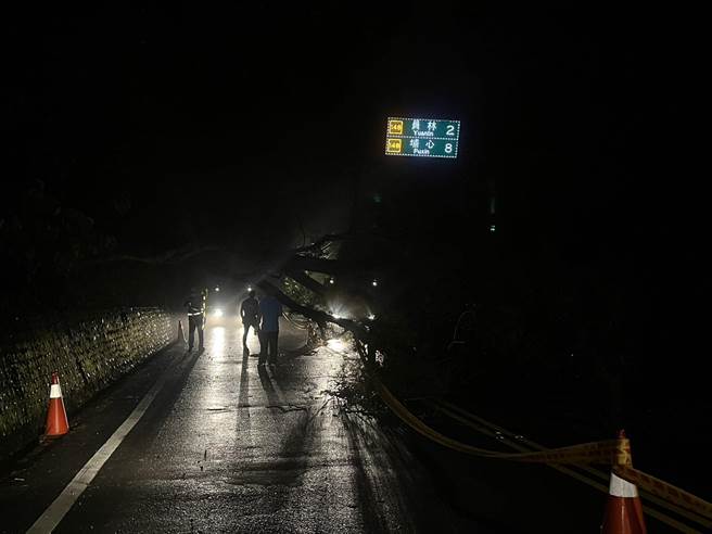 7日深夜彰化县员林市员草路一棵大型路树，因承受不住大雨袭击，应声倒塌，影响双向车道。(民眾提供／吴建辉彰化传真)