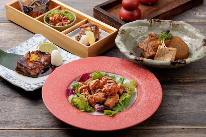 「鸟丈炉端烧」在晚餐时段可单点「荒煮鲔鱼下巴」(右起顺时钟)、「明太南蛮风唐扬鲔鱼块」、「鲔鱼下巴柚子蜜汁烧」、「鲔鱼三重奏」。(慕里诺国际餐饮提供)