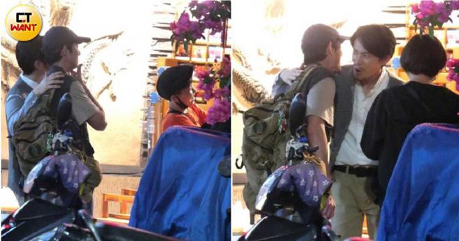 锺瑶前脚进室内不久，来探班的吴慷仁就跟姚淳耀走出来，巧妙避开尷尬场面，两男勾肩搭背，还一起拍照留念。（图／本刊摄影组）