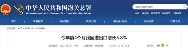 即时／大陆海关总署统计前4个月外贸进出口同比增长5.8％延续稳中向好。（大陆海关总署网站）