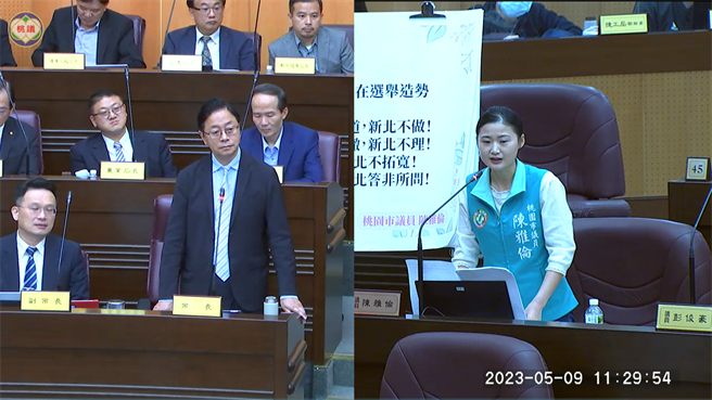 民进党桃园市议员陈雅伦9日在市政总质询询问市长张善政是否支持新北市长侯友宜选总统。(蔡依珍摄)