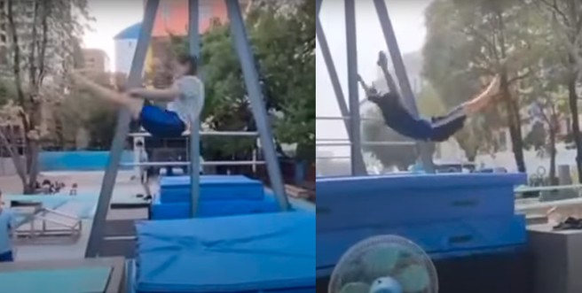 高雄跳水队选手竟在陆地克难训练。(翻拍自影片)