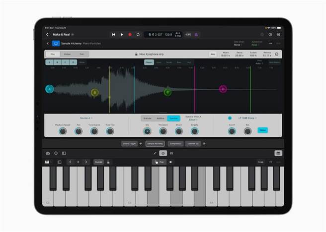 iPad 版 Logic Pro 内建大量音效逼真的乐器。（Apple提供）