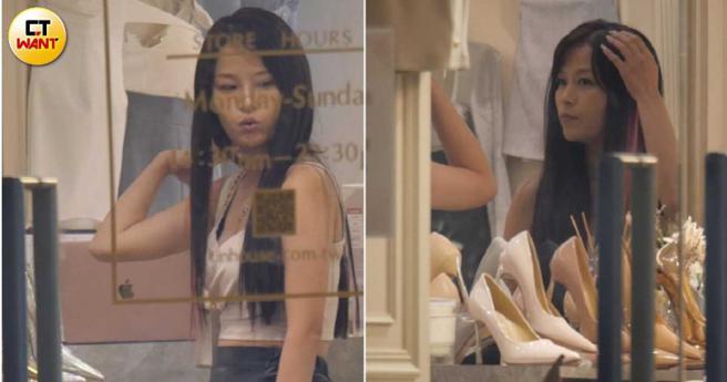 李明珊在镜子前搔首弄姿，看来对自己的样子挺满意。（图／本刊摄影组）