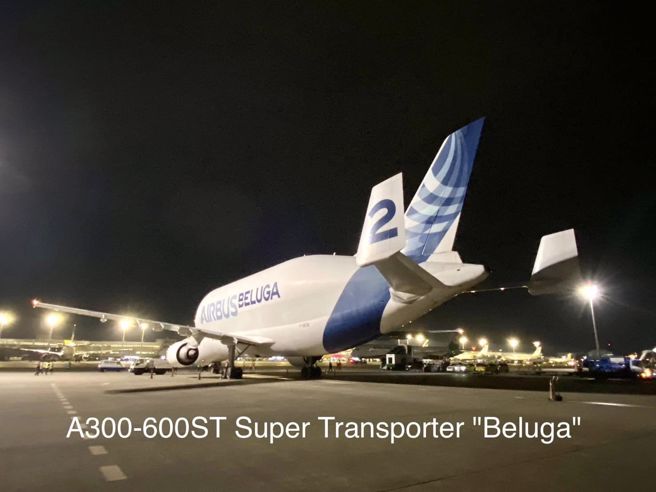 有「大白鲸」称号的Beluga运输机，9日深夜抵达台湾。（桃园机场公司提供）