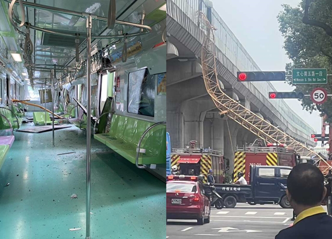 台中捷运惊传重大意外，吊车钢架掉落砸毁车厢。(民眾提供)
