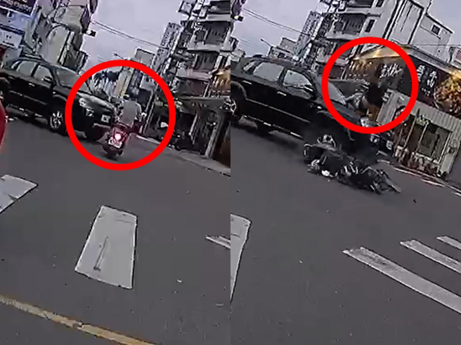 骑士疑似抢黄灯直行，遭左侧闯红灯的轿车当场撞飞，身体在空中翻滚数圈后坠地。（翻摄画面）