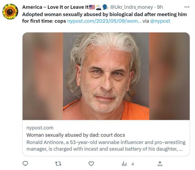 女子如愿见到生父却被性侵，男子被控性侵与乱伦罪。（图／翻摄自推特）