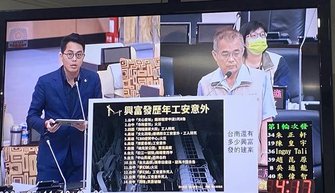 台南市议员李宗霖质疑兴发案歷年工安事件不断，劳工局长王鑫基(右)强调昨天已全面检视该建商在台南的2处建案工地。(曹婷婷摄)