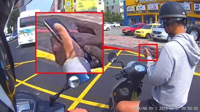 陈姓男子骑机车时竟放开开双手滑手机，遭其他骑士录影检举。警方强调，该名男子已构成危险驾驶行为，依法可开罚6000至2万4000元罚锾、吊扣牌照6个月，并须接受道路交通安全讲习。（高市苓雅分局提供／袁庭尧高雄传真）