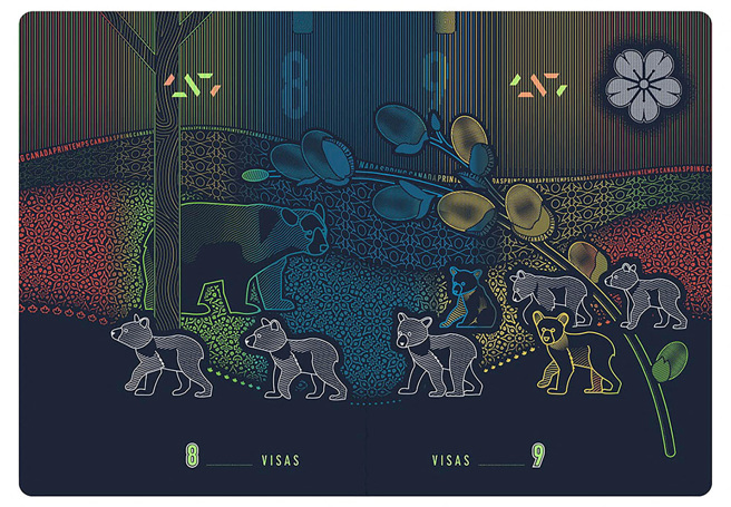 在紫外线照射下，加拿大新版护照的内页呈现了丰富的色彩，防止有心人士轻易偽造。（图／路透）