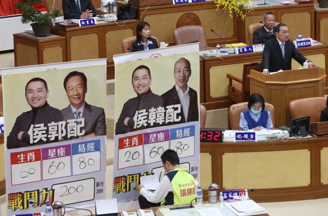 新北市长侯友宜（右）11日出席市议会市政总质询，议员准备总统热门配对组合询问最喜欢那一个，侯表示最喜欢老婆。（ 王英豪摄）