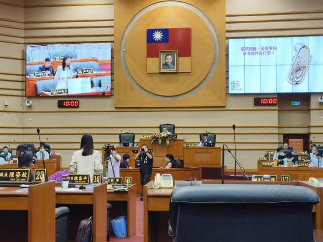 嘉义市议员戴寧今天质询嘉义市政府办理乐器统一採购案。（廖素慧摄）