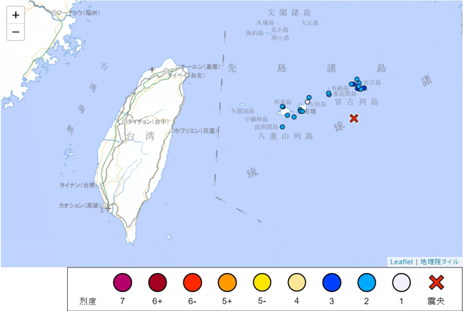 日本宮古島晚間發生規模6.1地震，台灣北部民眾也有感。（圖／翻攝日本氣象廳）