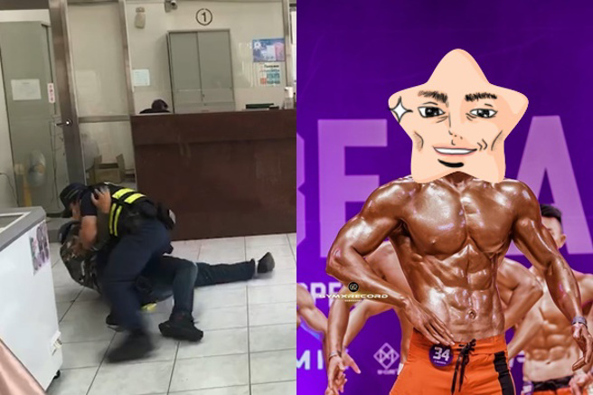 防抢演练「大外割」超吸睛，丰原「猛男战警」为健美赛3个月瘦18公斤。(警方提供)