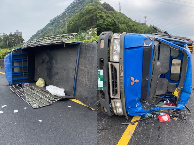 小货车追撞前车，前车翻覆后又再撞内车道的轿车，造成一名驾驶手部不适、一名乘客头部钝伤、颈部挫伤。（警方提供）