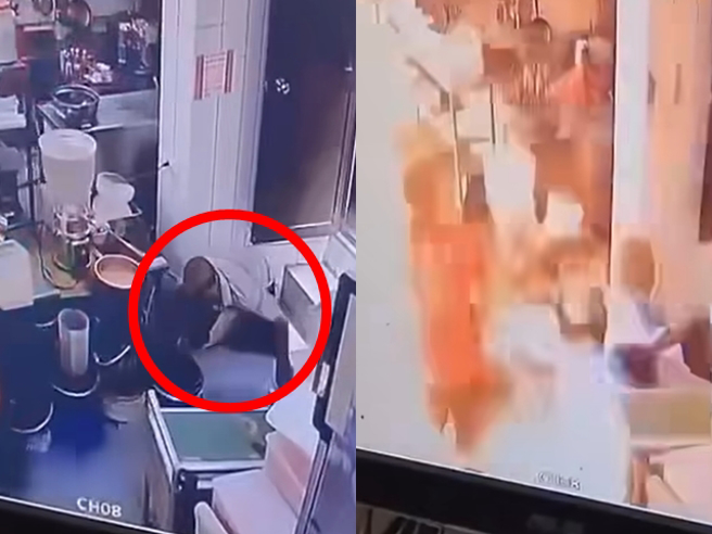 瓦斯行员工在搬运瓦斯时提把突然断裂，瓦斯滚落室内后不断喷发气体，瞬间引发气爆，地面冒出熊熊烈火，员工当场全身着火。（翻摄自脸书「爆废公社二馆」）