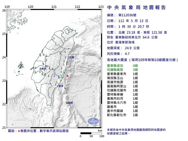 臺东4.7地震 最大震度臺东县4级。（图取自气象局网页）