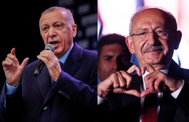 土耳其总统大选即将于14日投票。基层公务员出身的74岁老将基里达欧鲁造势时常手比「爱心」形状，声势不输现任总统艾尔段。（路透社）