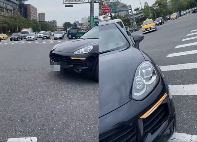男子走在斑马线上时，开着手机录影自保，不料却差点被1辆保时捷休旅车撞倒。（翻摄自脸书爆料公社）