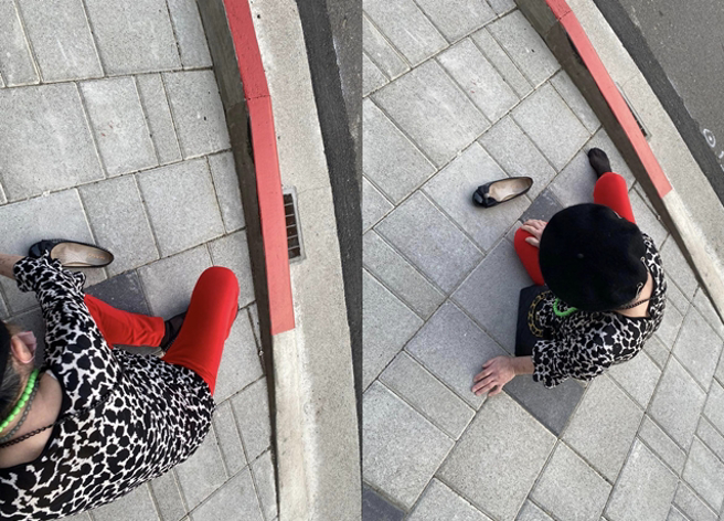 知名艺人陈鸿趁母亲节带着妈妈到新竹百年歷史地标新车站附近游玩，不料母亲却被「凸起红线」绊倒，疼痛不已。（翻摄自陈鸿脸书）