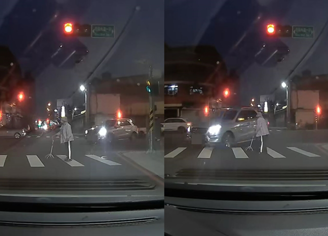 有名婦人拄拐杖走在斑馬線上時，突然遭到1輛賓士休旅車竟「切西瓜」通過，嚇得婦人停在斑馬線上，頻頻回頭看有沒有來車才往前繼續走。（翻攝自臉書爆料公社）