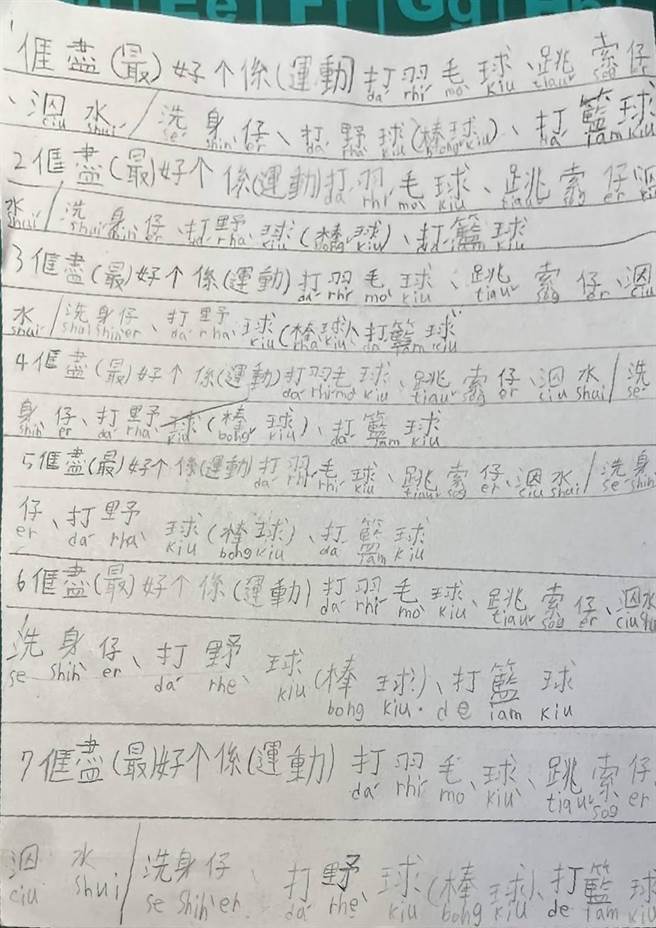 周玉琴15日爆，桃园某国小客语选修课，只因小三生发音错误就罚写20遍。(周玉琴提供／蔡依珍桃园传真)