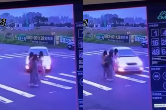 台中行人地狱！左转车路口「加速硬切」4女险喷飞，超扯画面曝光。(翻摄记者新闻网)
