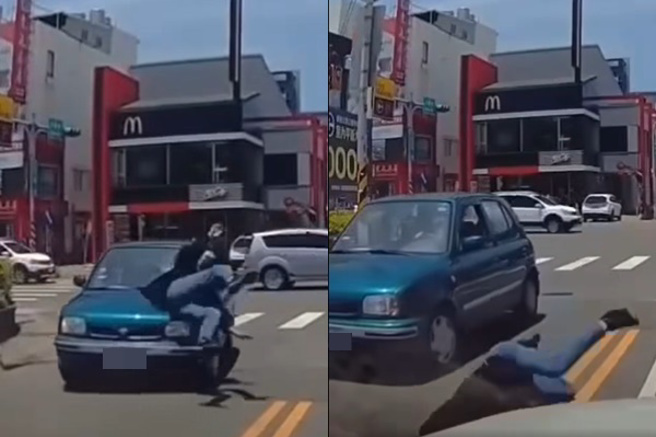 行人地狱＋1！他走斑马线遭撞飞「翻滚落地」，下秒潇洒退场全场看呆。(翻摄脸书爆料公社)
