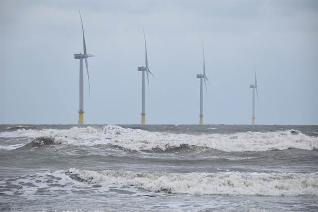 民间厂商在苗栗县竹南镇龙凤渔港外海建置完成的风电场。（谢明俊摄）